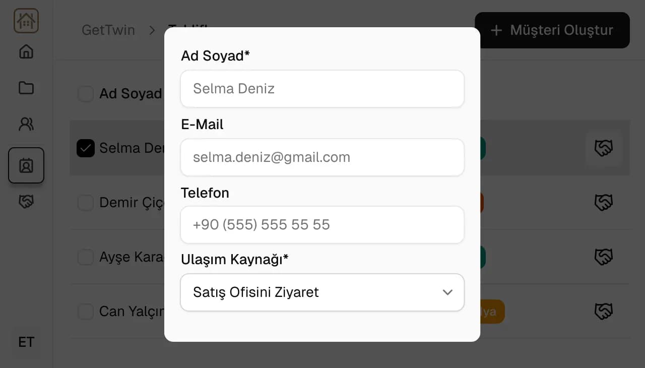 GetTwin CRM müşteri kartı